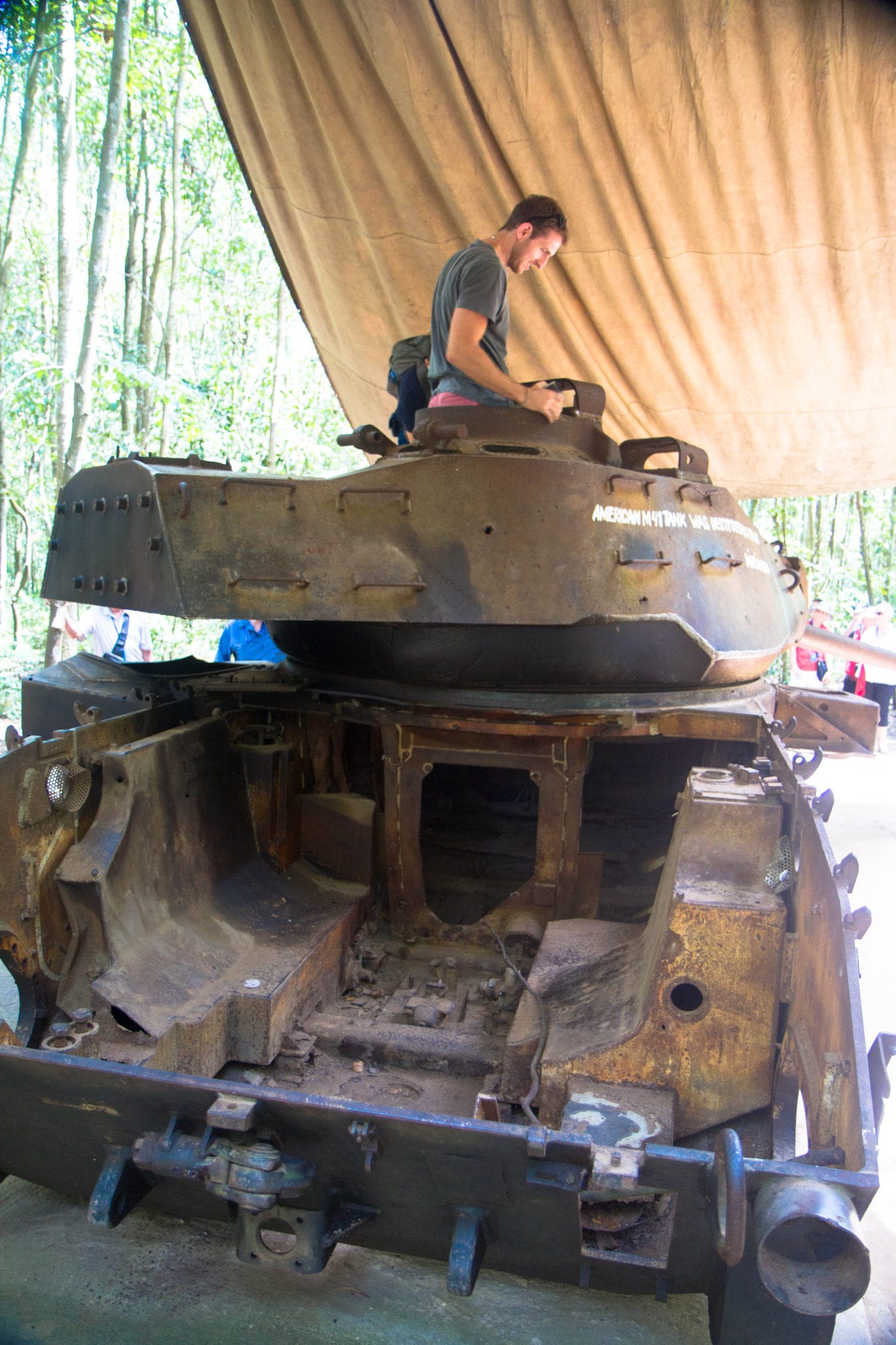Paul in the busted out American tank